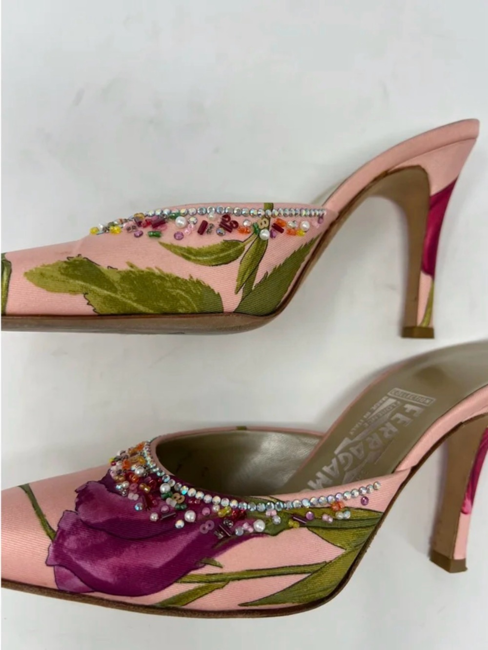 Vintage Salvatore Ferragamo Pink Floral Beaded Slip-On Mules - Picture 8 of 13